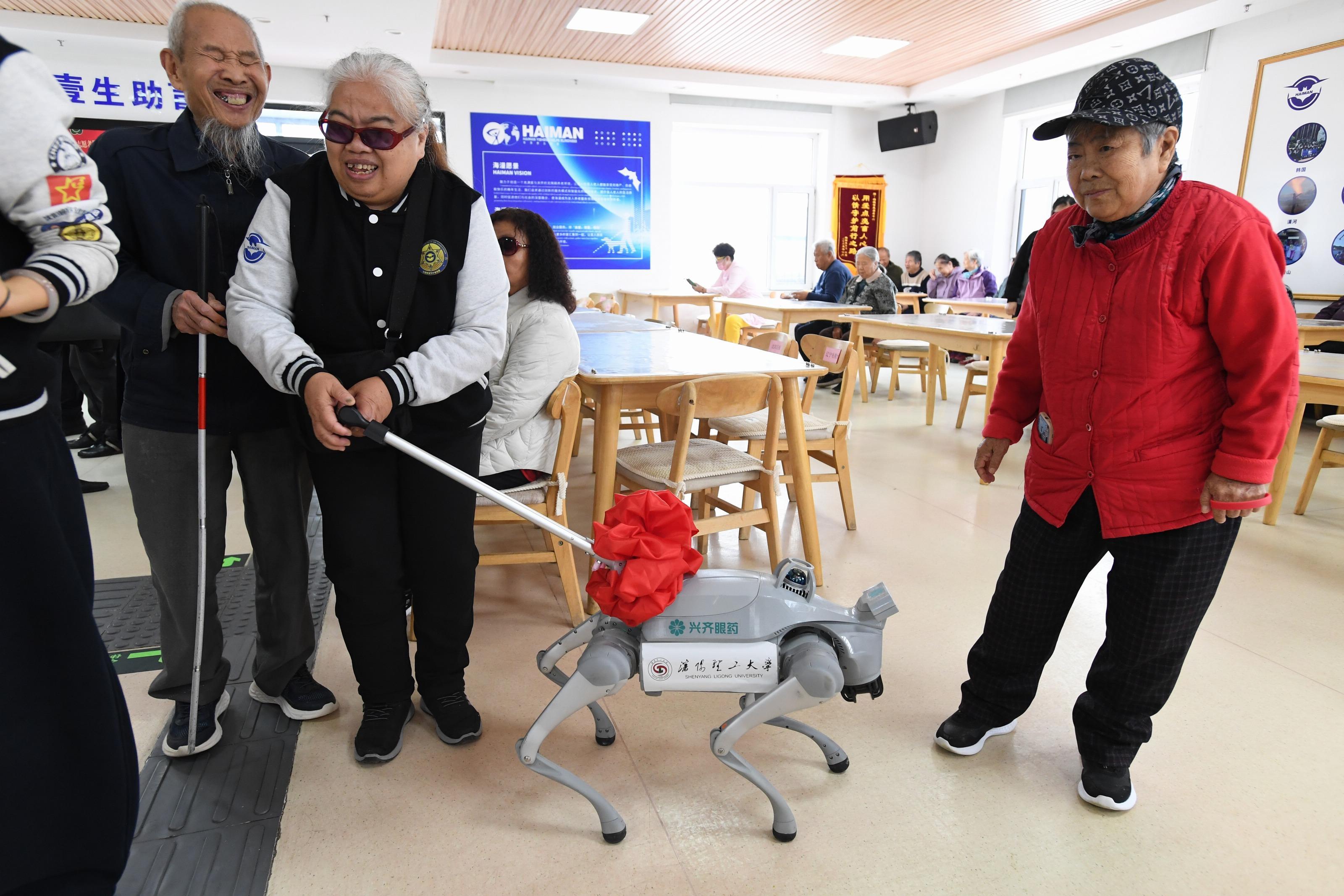 11月27日，沈阳海漫智慧养老中心的老人正在试用智能导盲机器狗。（摄影：孙海）