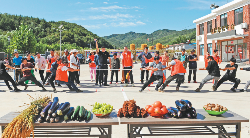 大连市普兰店区沙包街道在隋沟村举办“庆丰收·迎中秋”活动，所辖8个行政村现场展示各自的特色农产品，并开展各类趣味竞技比赛活动，充满了丰收的喜悦。图为村民正在进行拔河比赛。（摄影：吕文正）