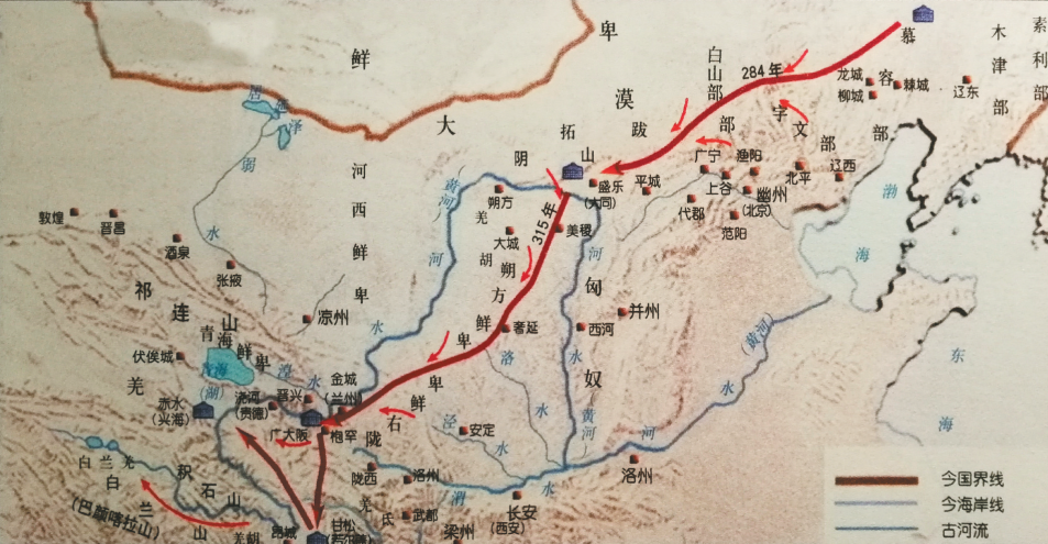 青海省博物馆设有吐谷浑展区,用文物和图片展示吐谷浑政权的发展历程。图为展板上绘的《慕容氏西迁示意图》。